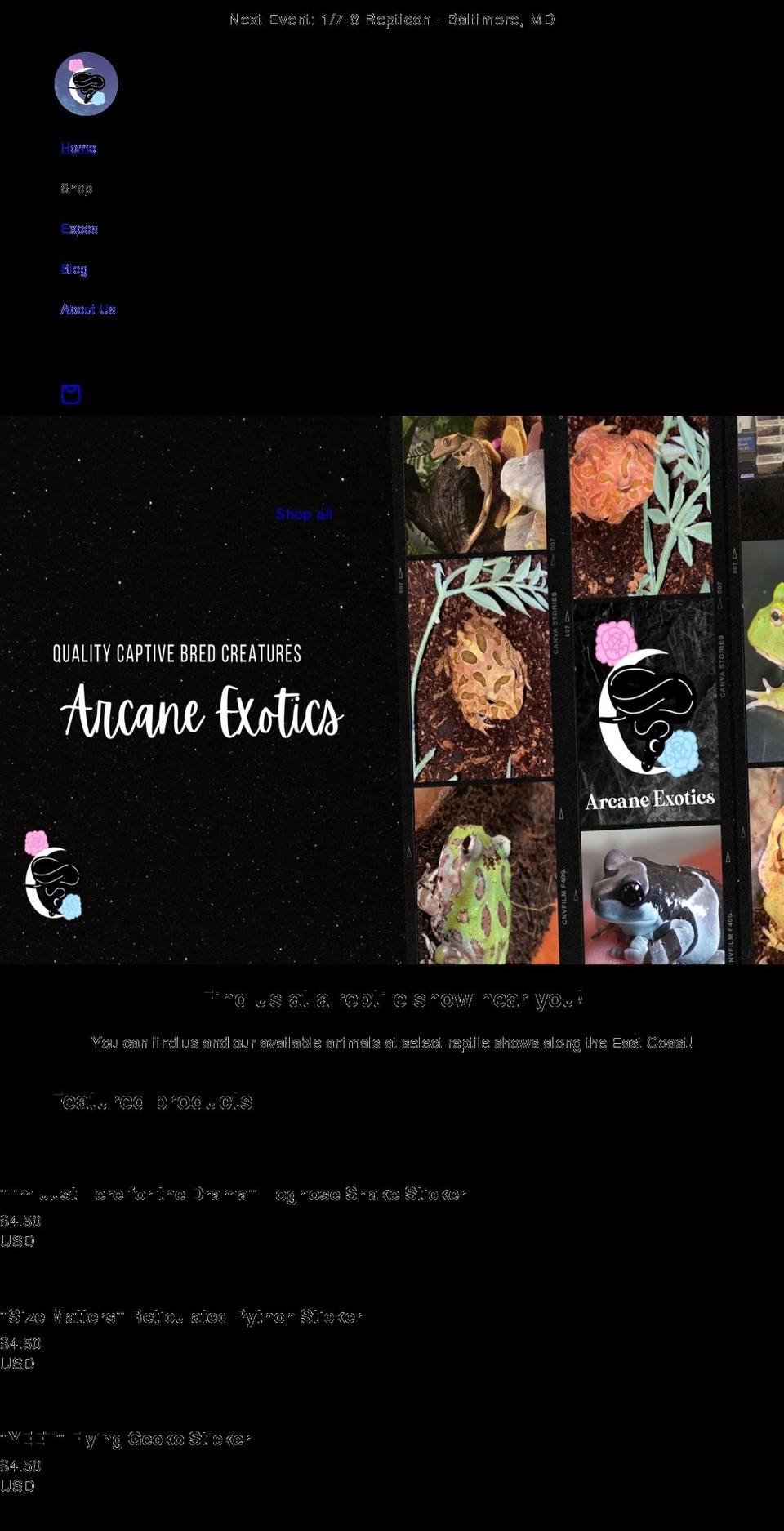 arcaneexotics.com shopify website screenshot