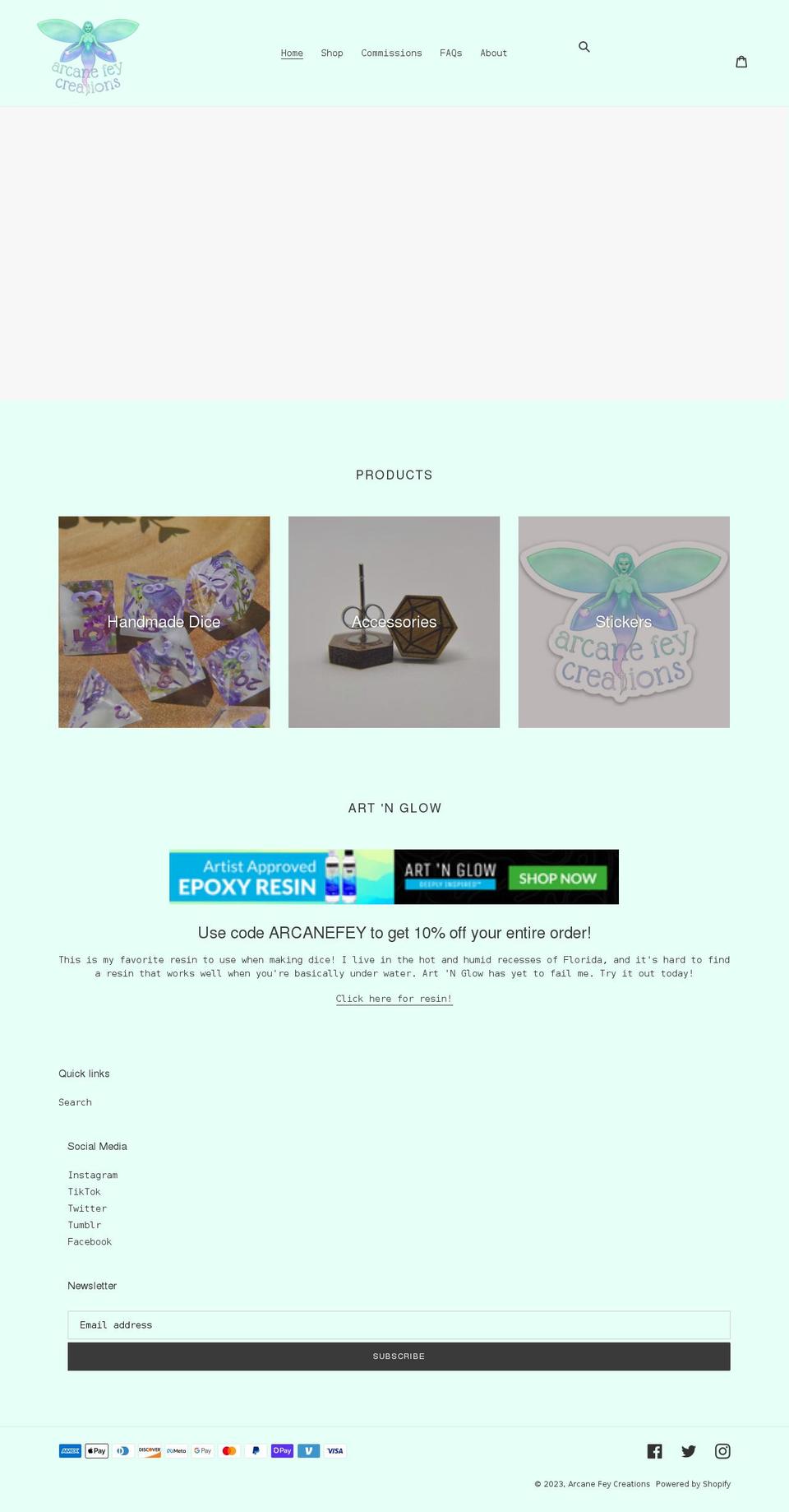 arcanefeycreations.com shopify website screenshot