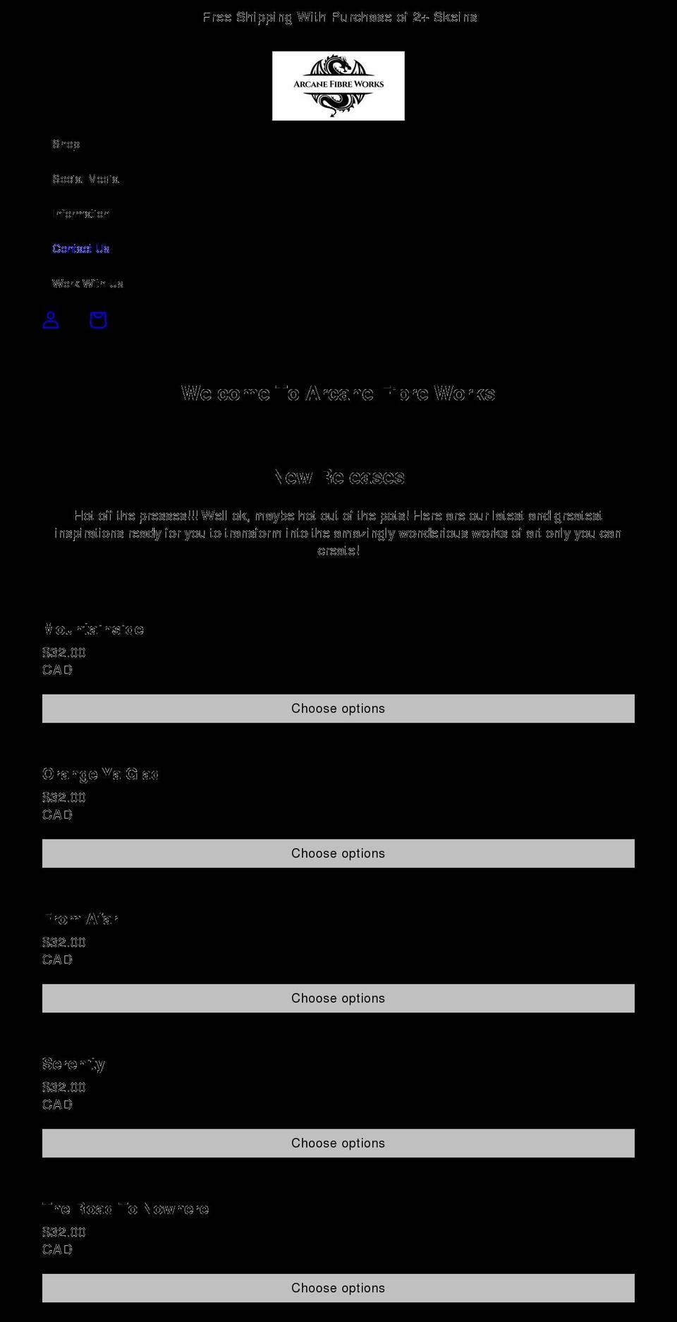 arcanefibreworks.ca shopify website screenshot