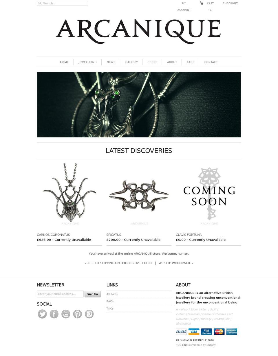 arcanique.com shopify website screenshot