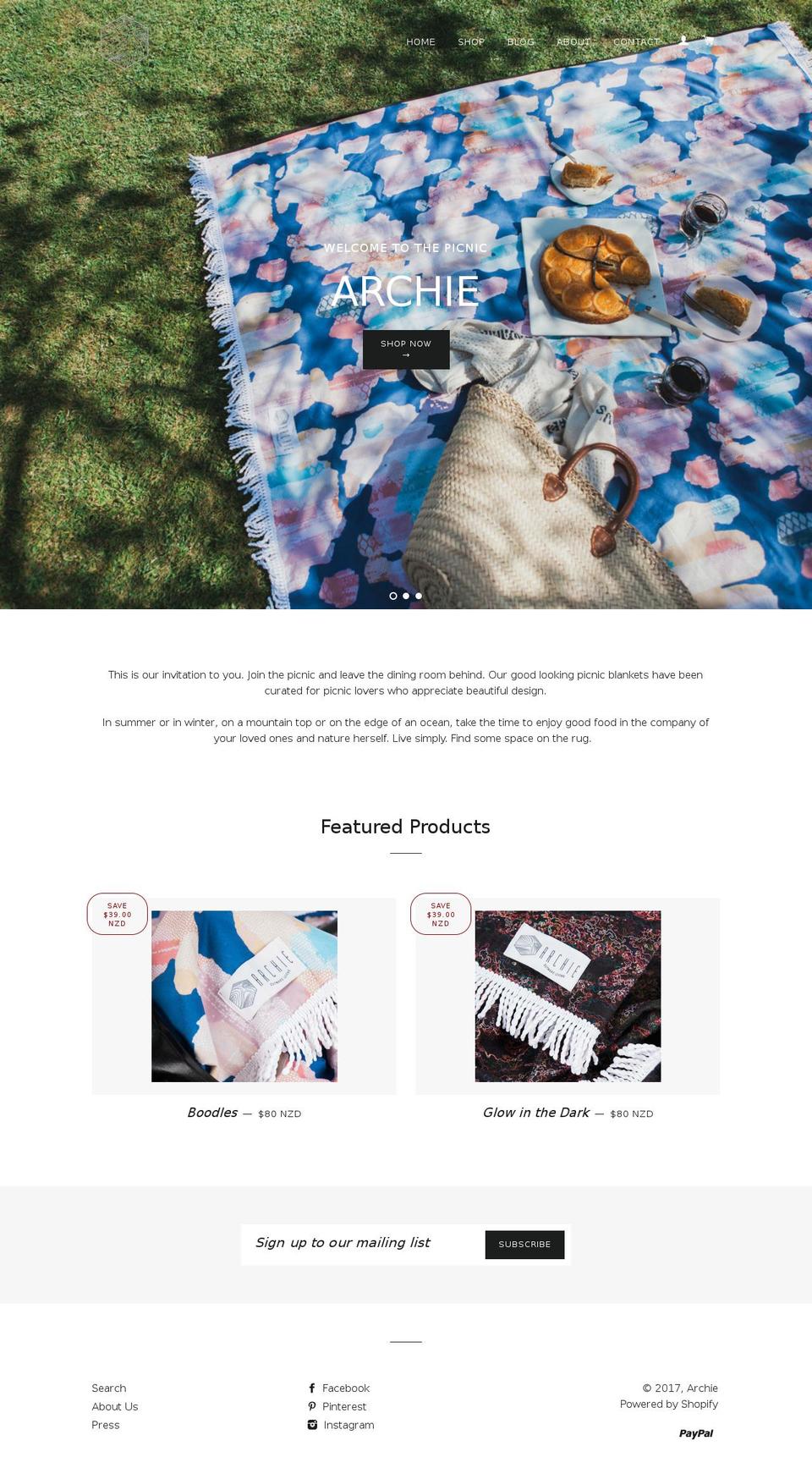 archiepicnic.com shopify website screenshot