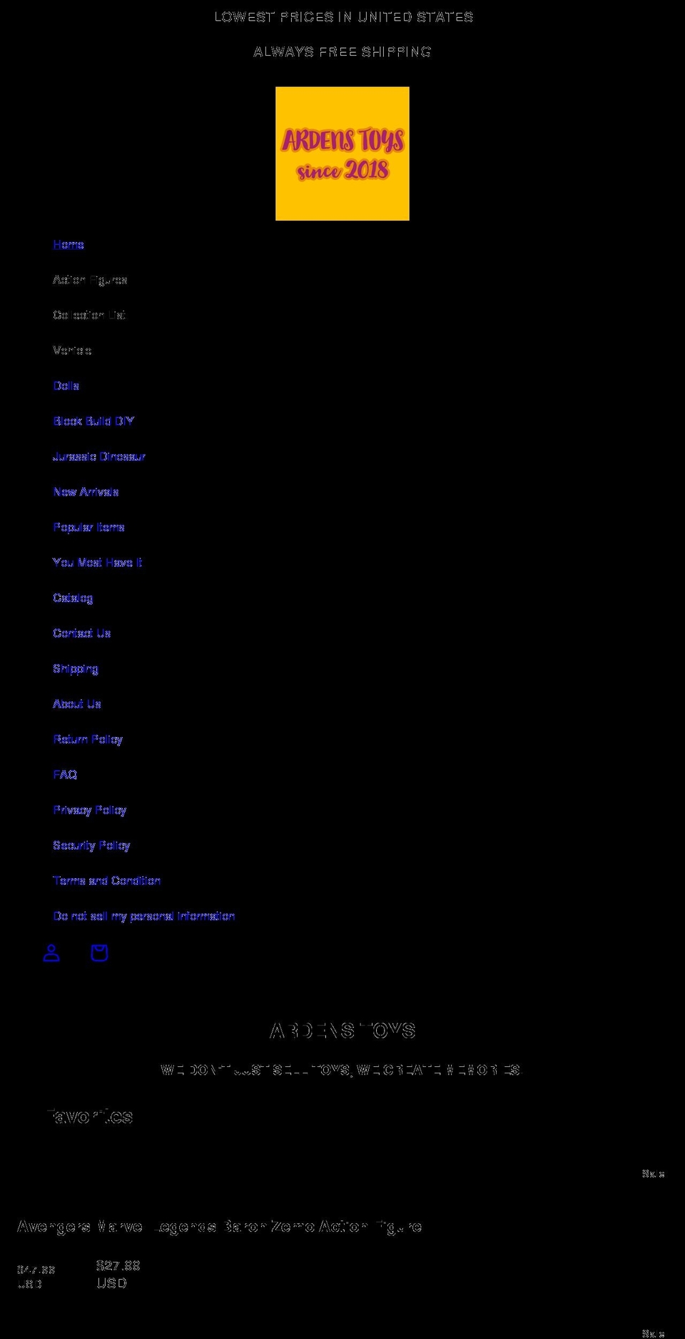 ardenstoys.com — Shopify storefront screenshot