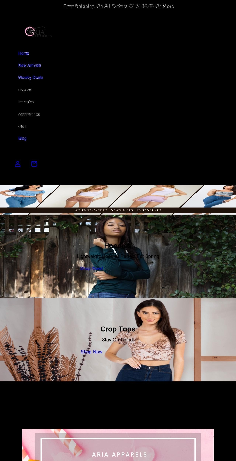 ariaapparels.com shopify website screenshot