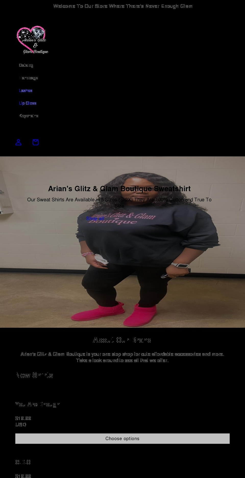 ariansglitznglamboutique.com shopify website screenshot