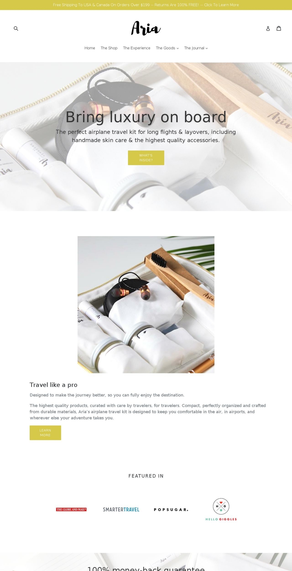ariatravelkit.com — Shopify storefront screenshot