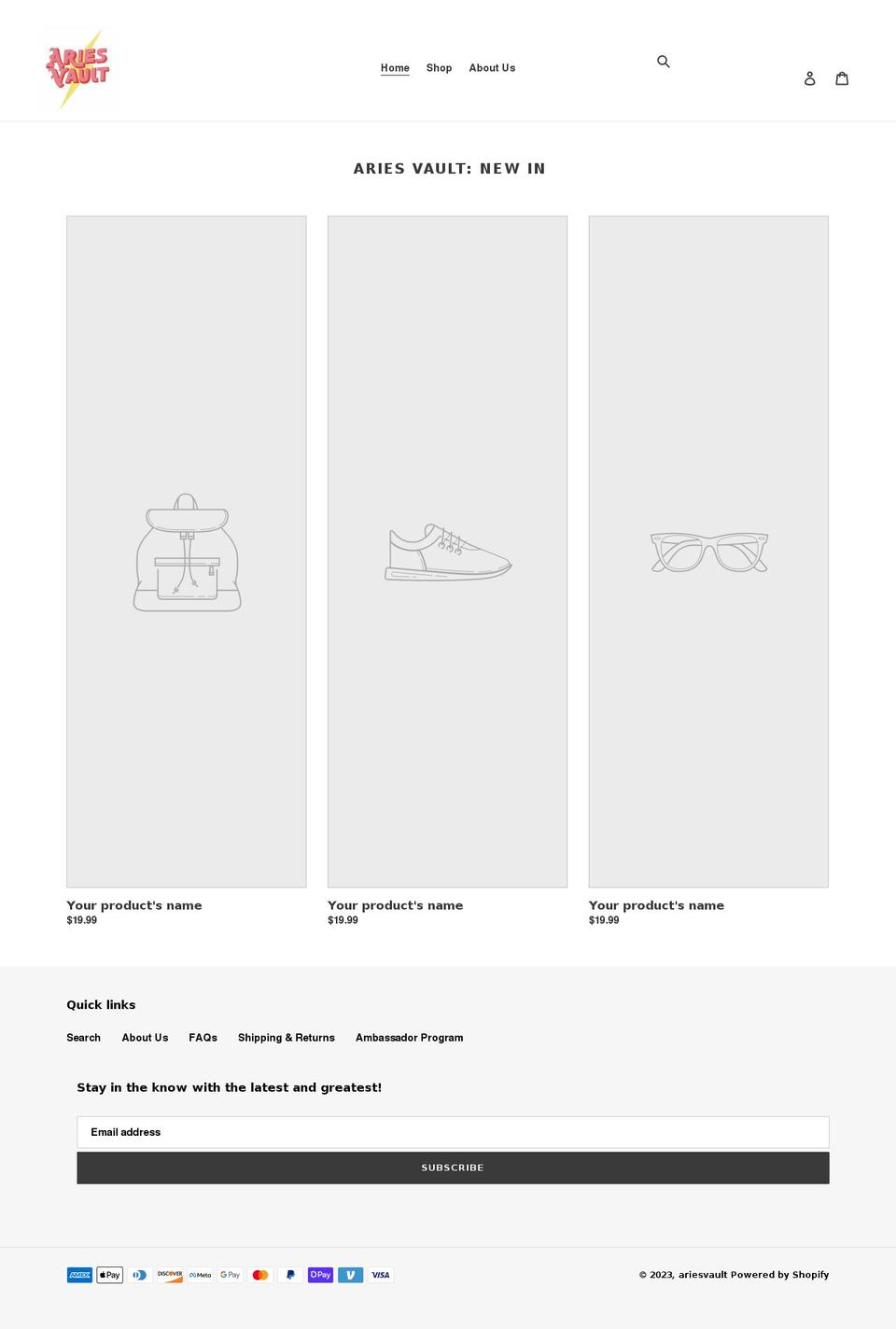 ariesvault.com shopify website screenshot