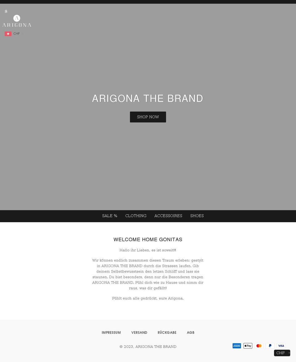 arigonathebrand.com shopify website screenshot