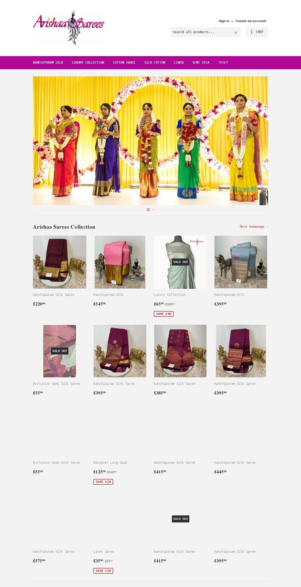arishaasarees.com shopify website screenshot