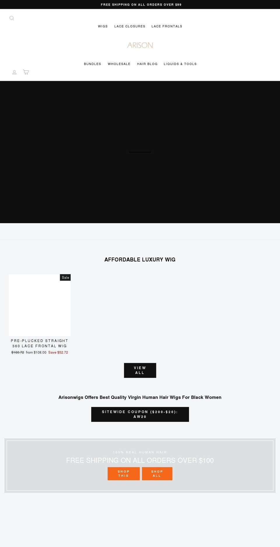 arisonwigs.com shopify website screenshot