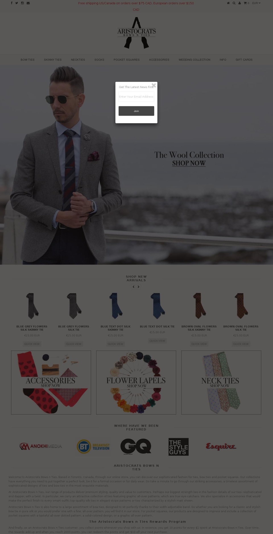 aristocratsbowsnties.ca shopify website screenshot