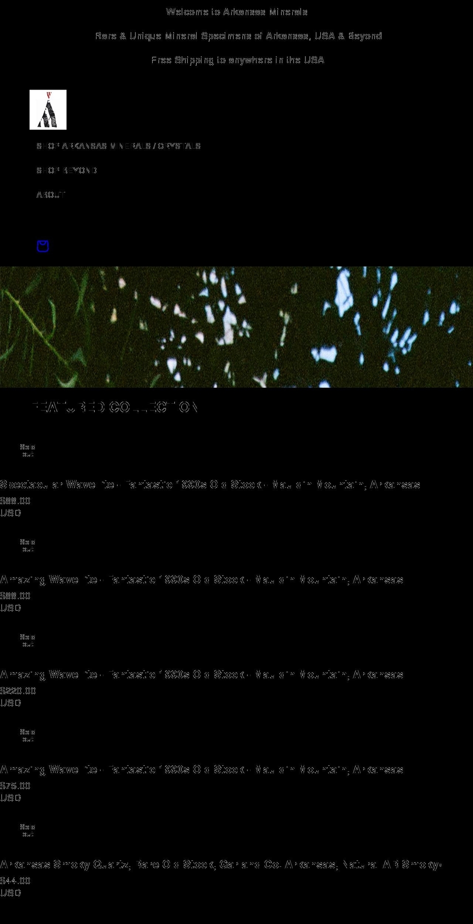 arkansasminerals.com shopify website screenshot