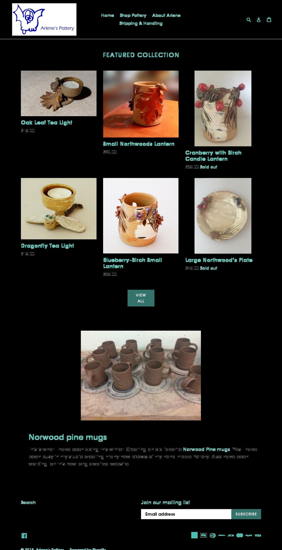 arlenespottery.com shopify website screenshot