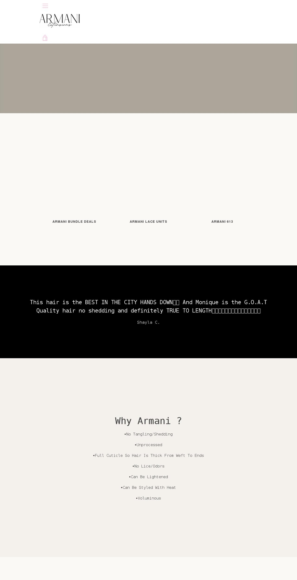 armaniextensions.com shopify website screenshot