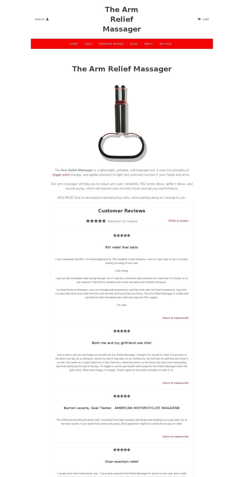 armreliefmassager.com shopify website screenshot