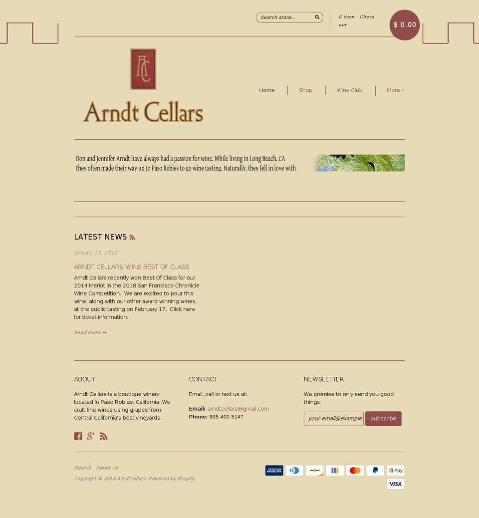 arndtcellars.com shopify website screenshot