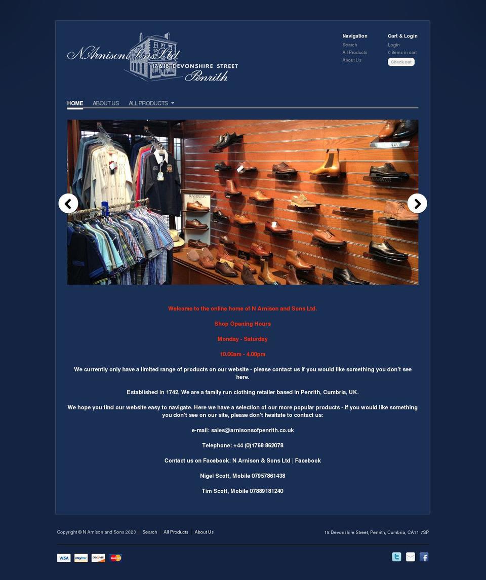 Paradigm Shopify theme site example arnisonsofpenrith.co.uk