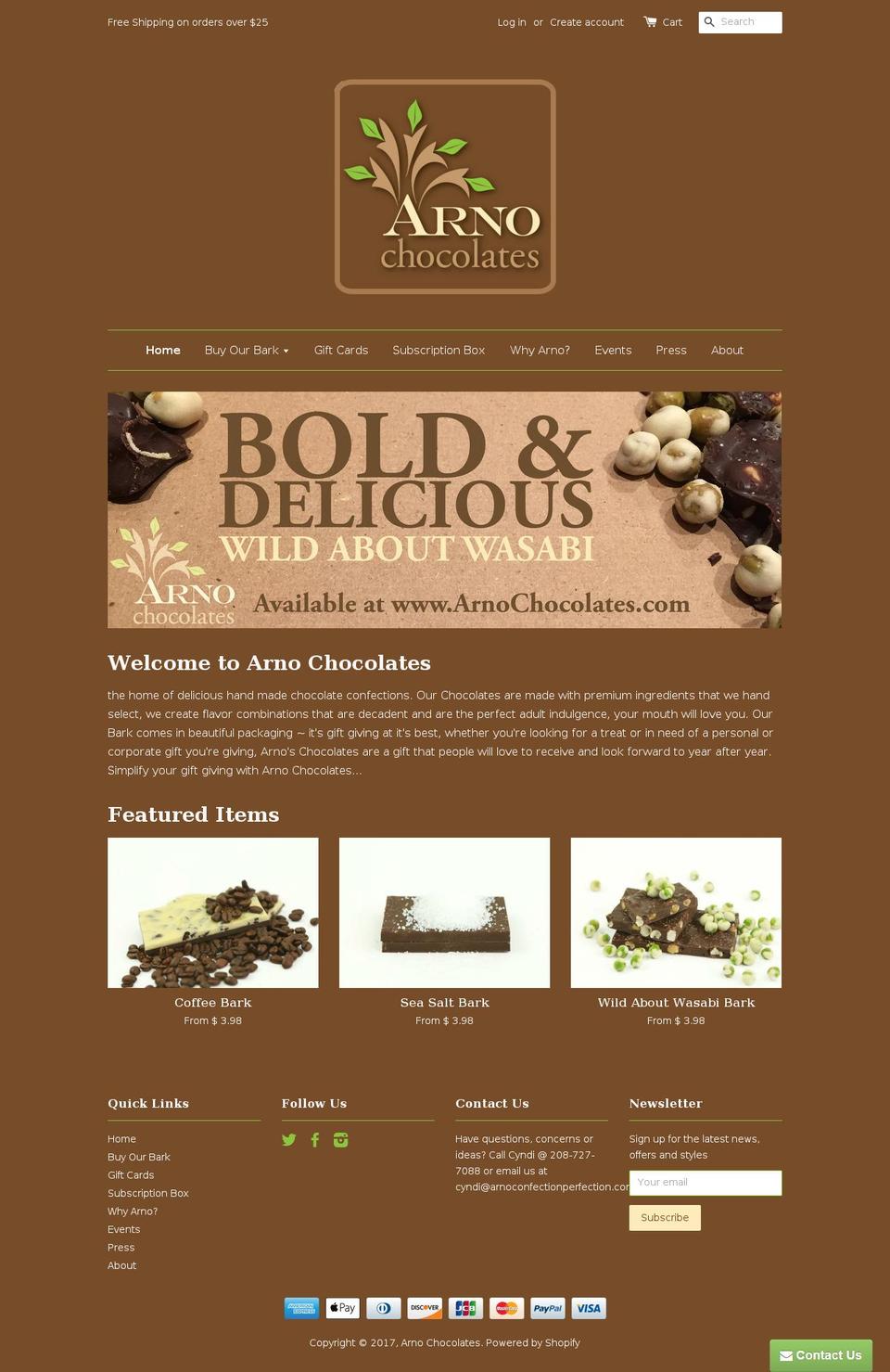 arnochocolatebark.com shopify website screenshot