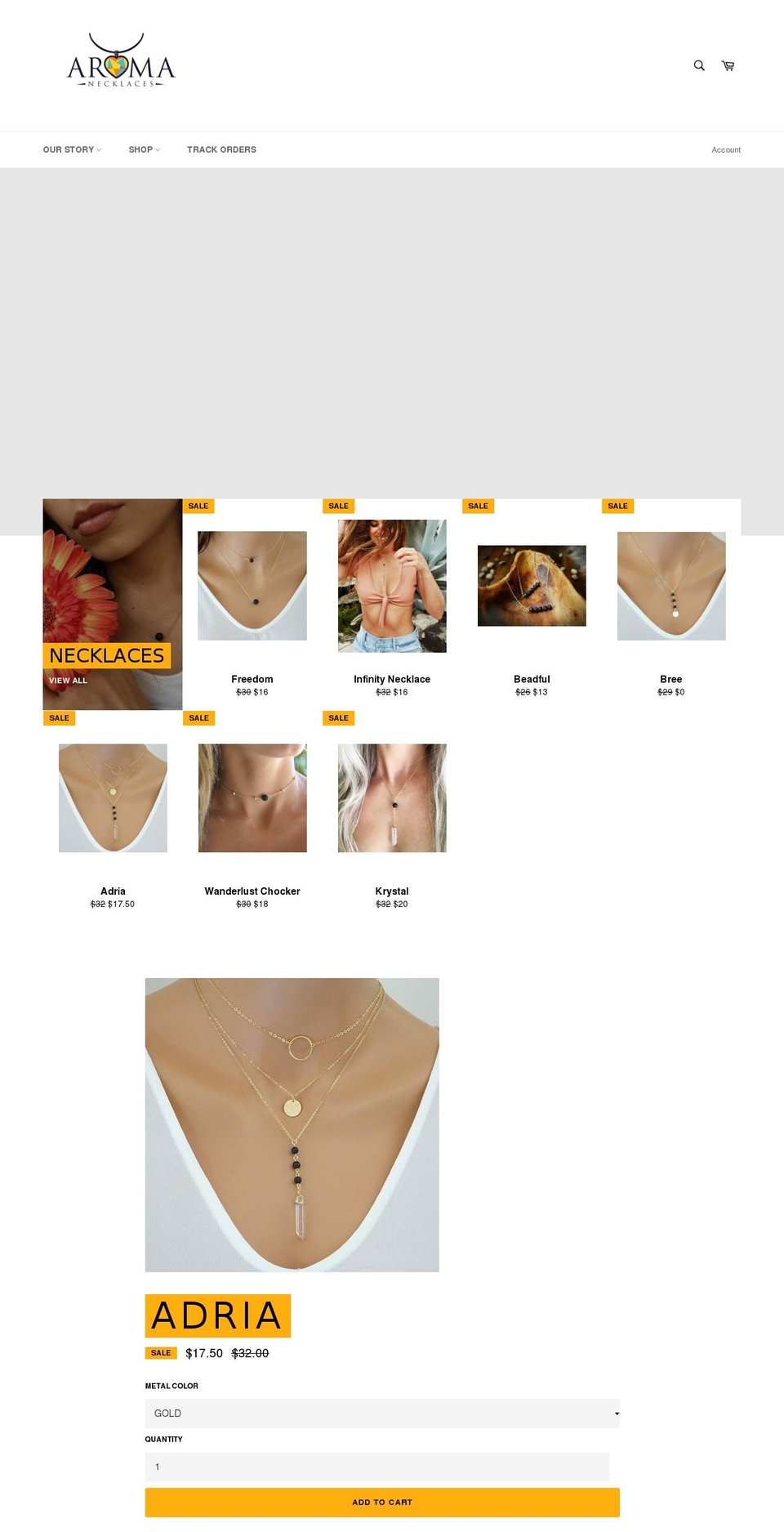 aromanecklaces.com — Shopify storefront screenshot