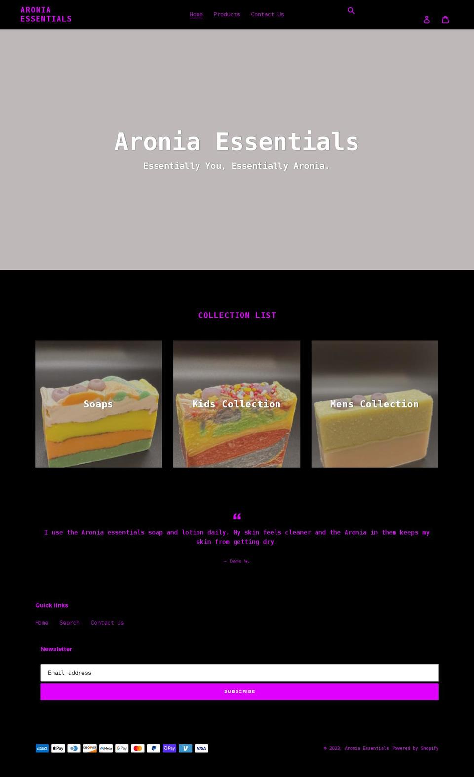 aroniaessentials.com shopify website screenshot