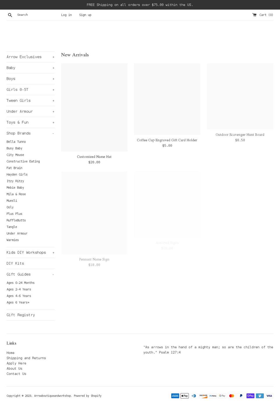 arrowboutiqueandworkshop.com shopify website screenshot