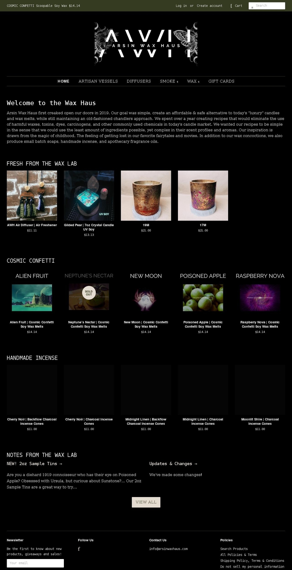 arsinwaxhaus.com shopify website screenshot