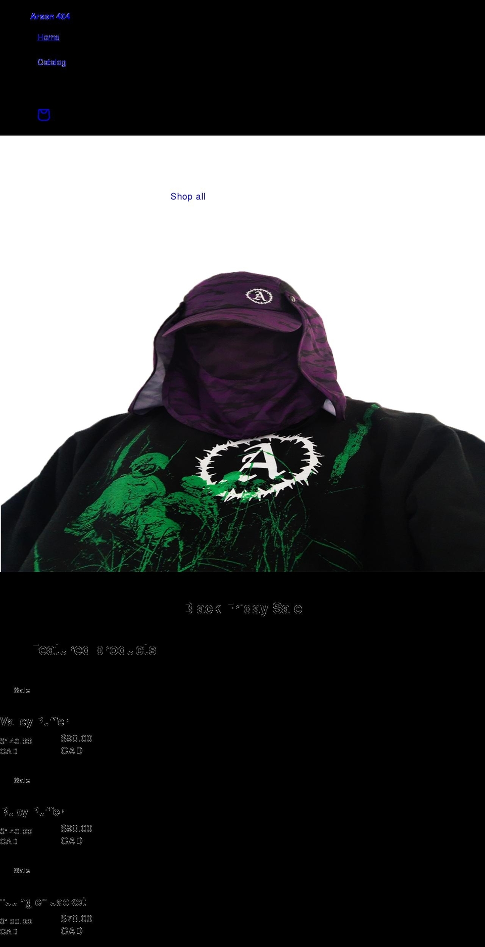 arson404.com shopify website screenshot