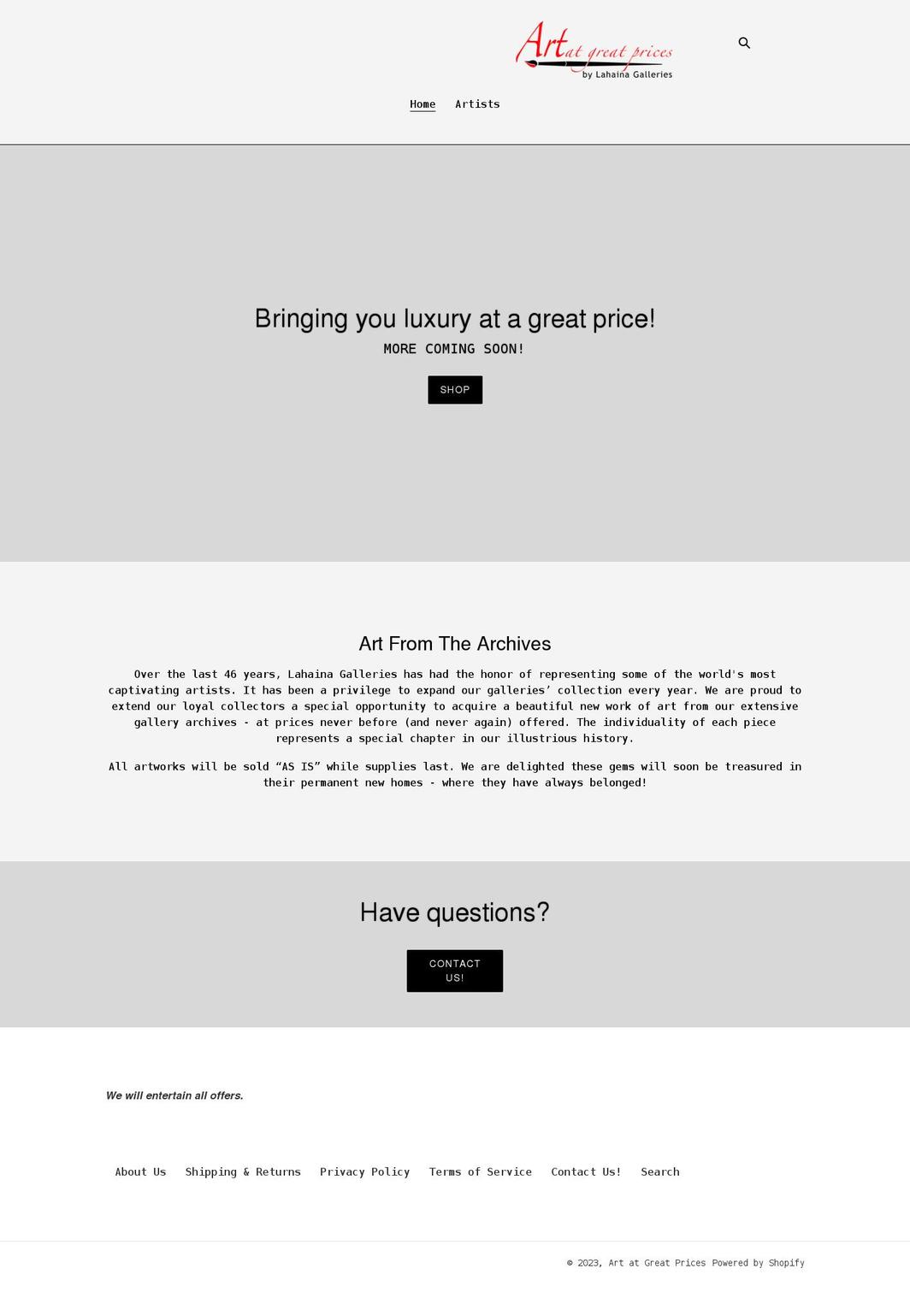 artatgreatprices.com shopify website screenshot