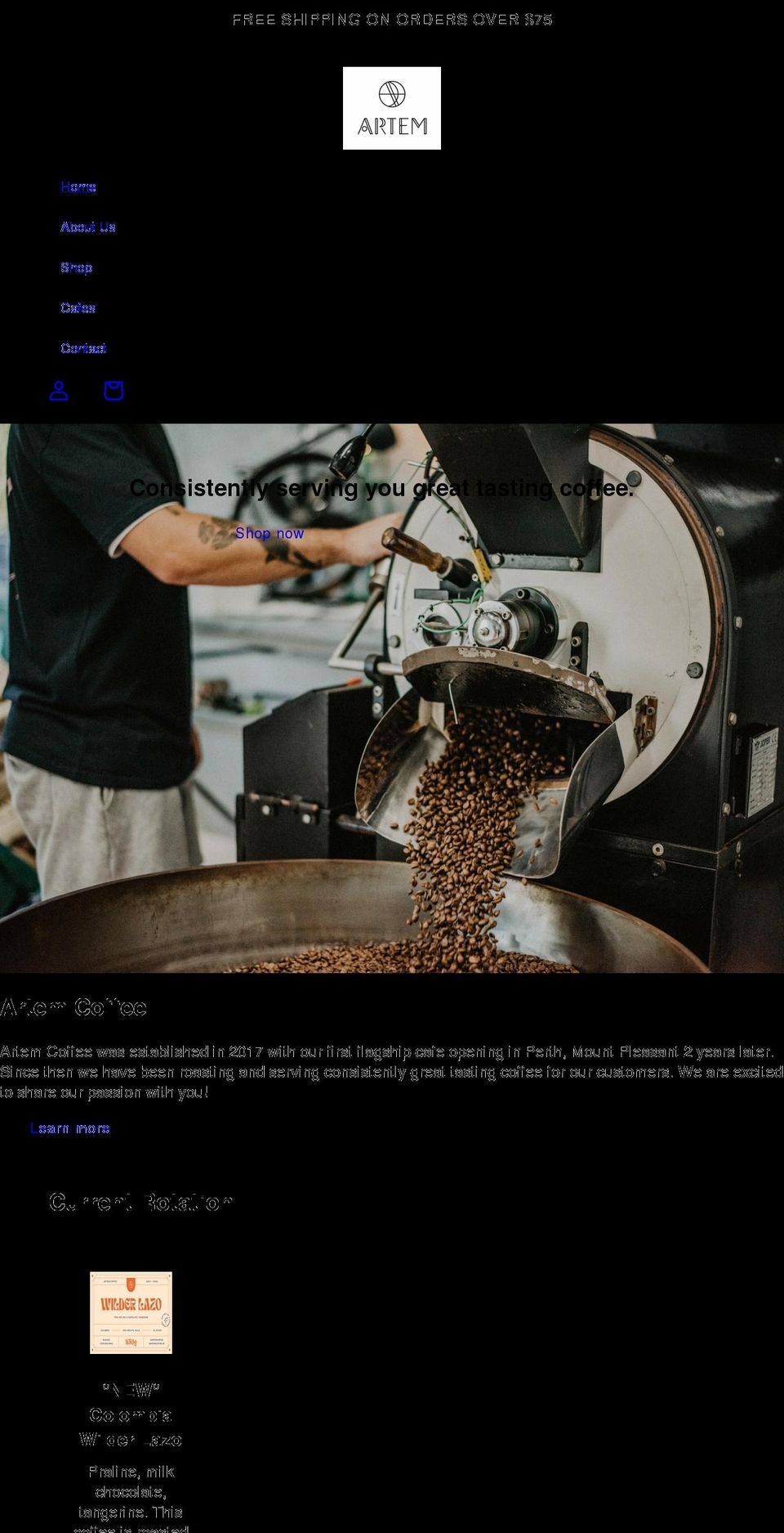 artemcoffee.com.au shopify website screenshot
