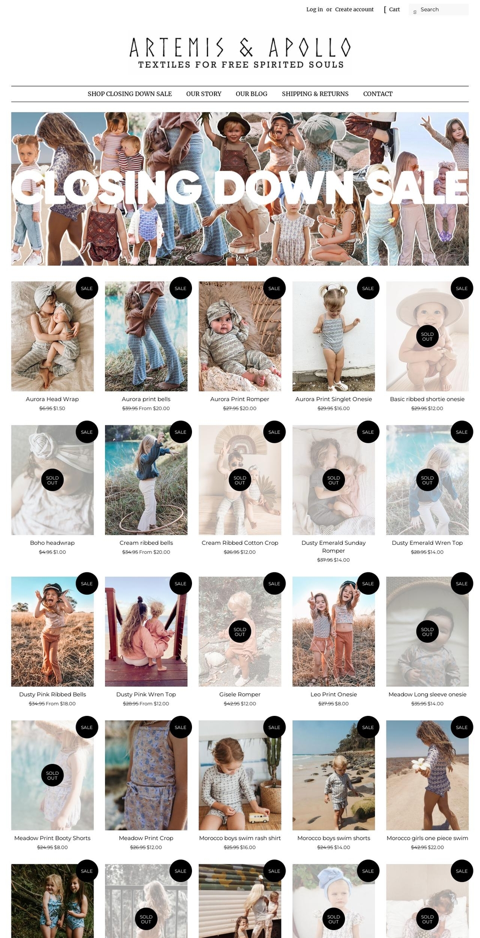 artemisandapollokids.com — Shopify storefront screenshot