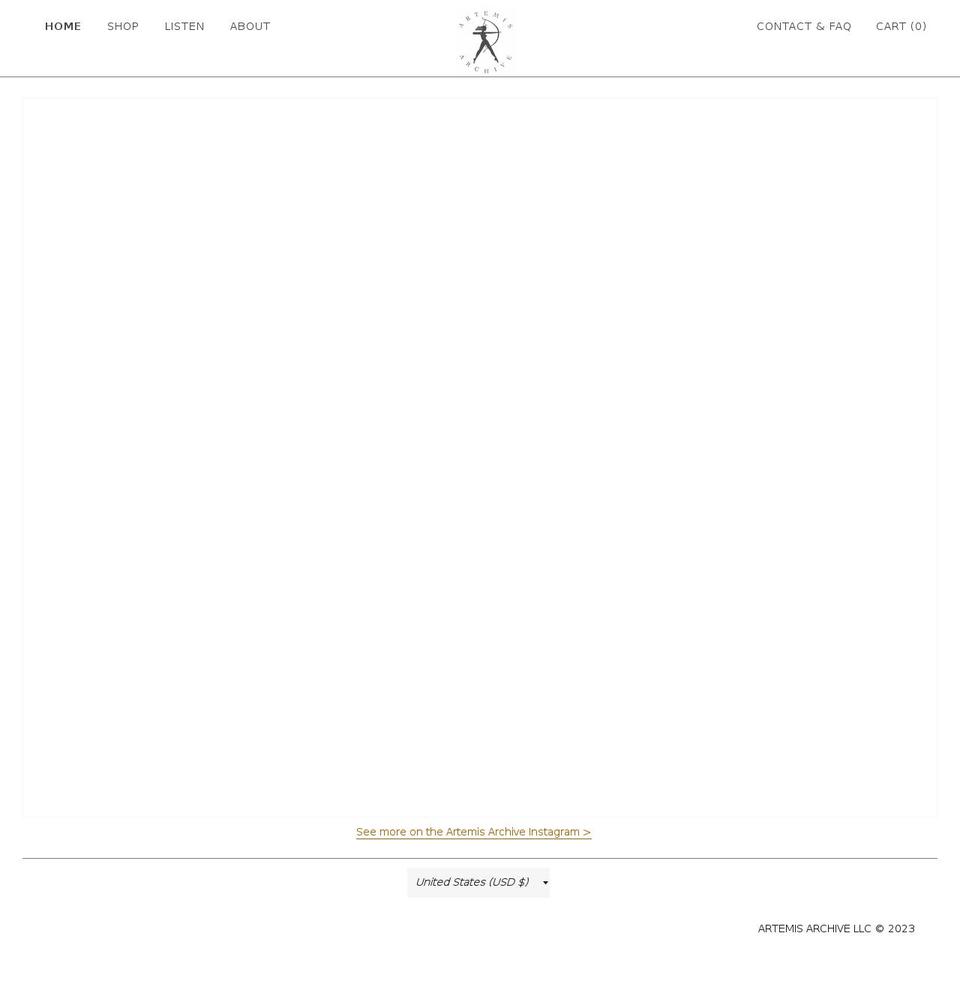 artemisarchive.com shopify website screenshot
