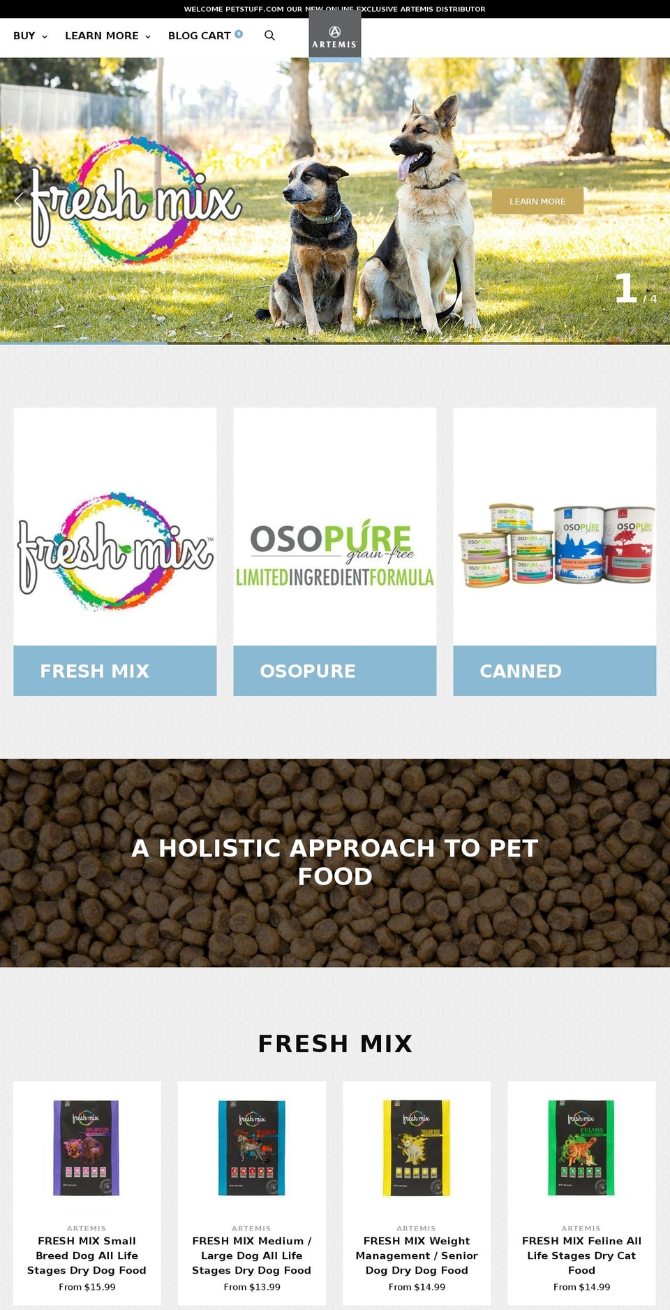 artemispetfood.com — Shopify storefront screenshot