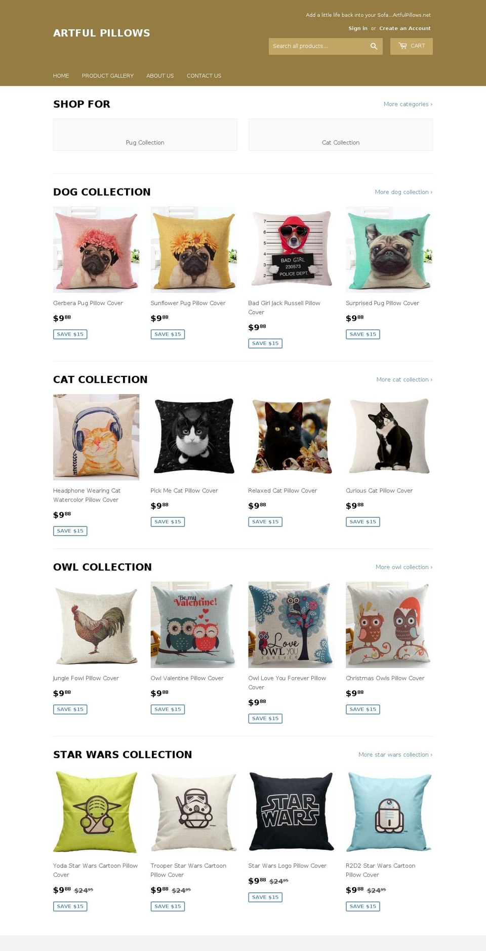 artfulcushions.com — Shopify storefront screenshot