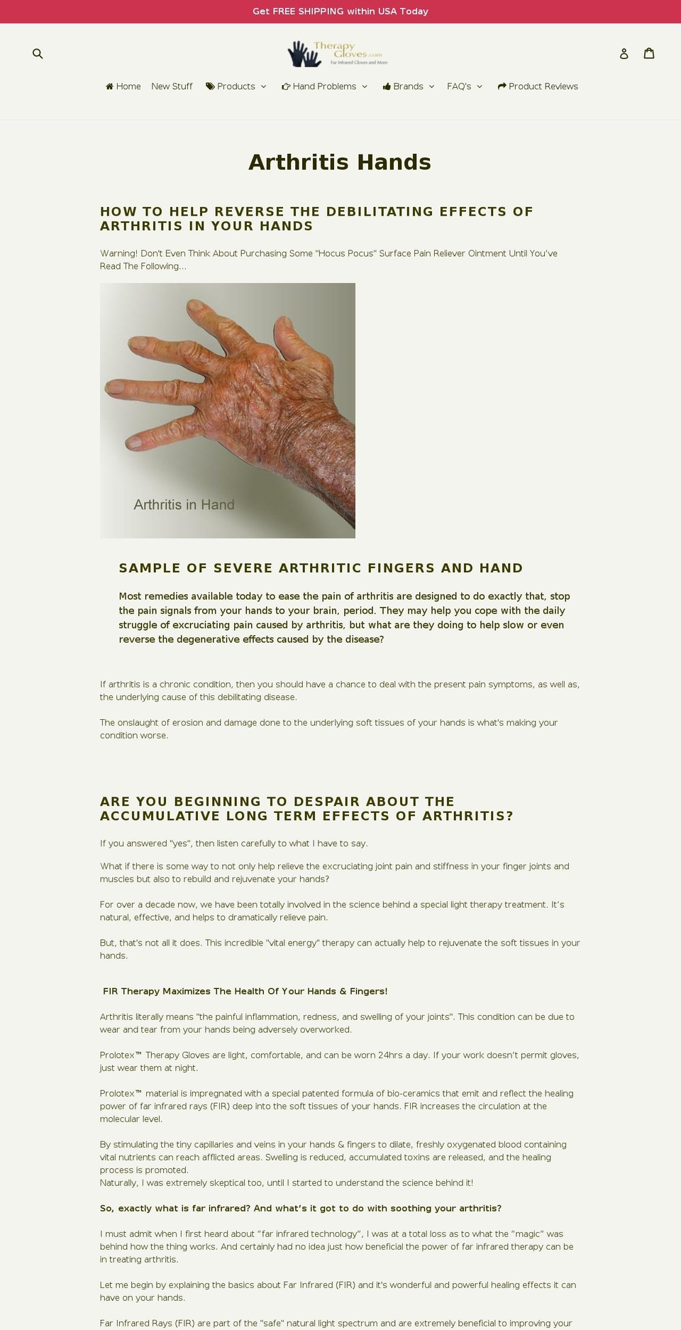 arthritistherapygloves.com — Shopify storefront screenshot