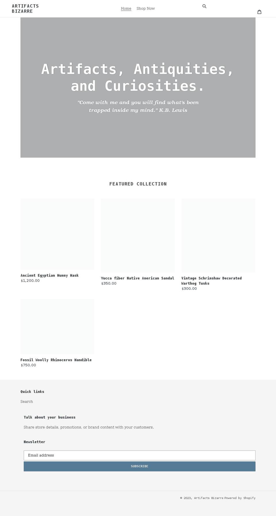 artifactsbizarre.com shopify website screenshot