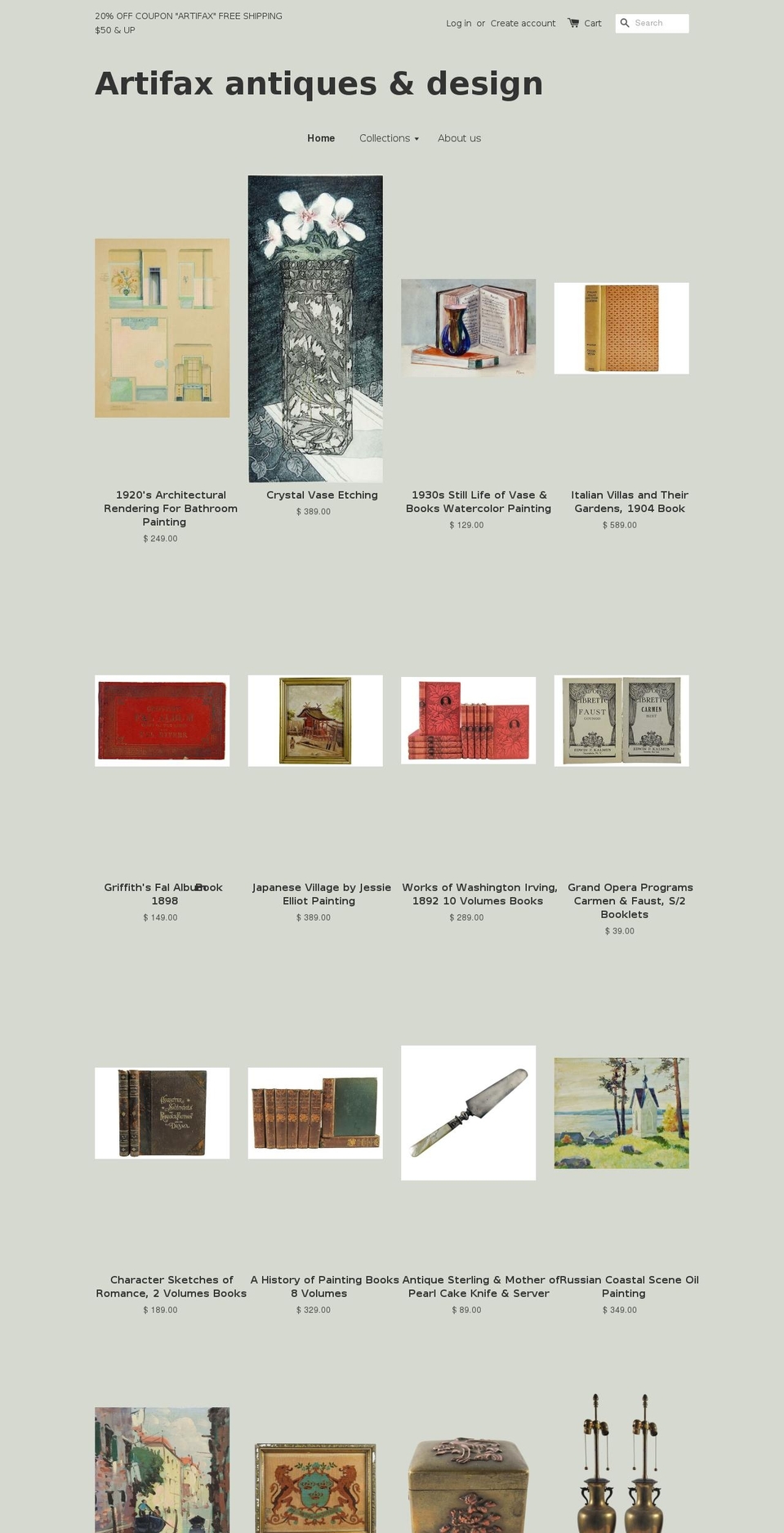 artifaxantiques.com shopify website screenshot