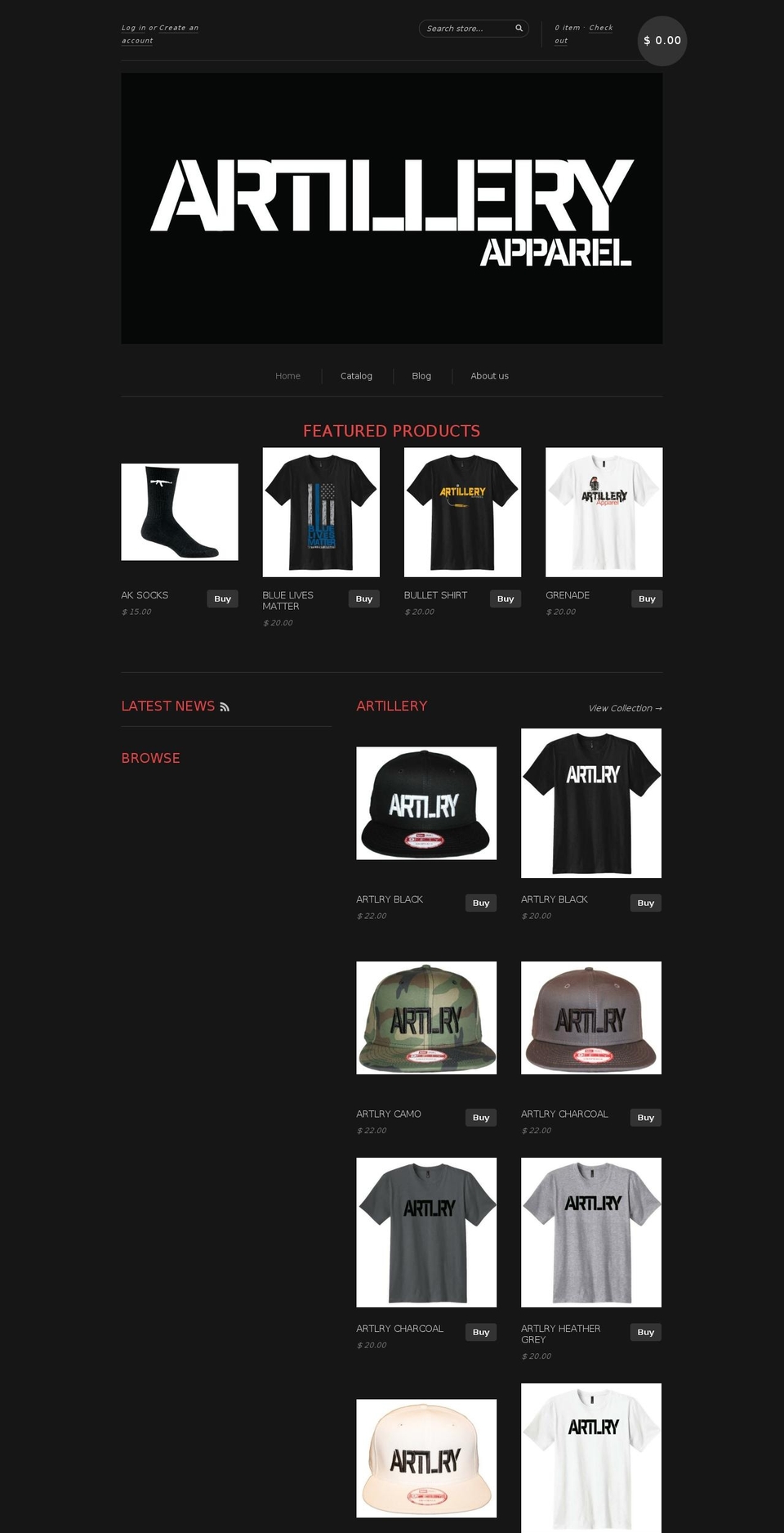 artillery-apparel.com shopify website screenshot