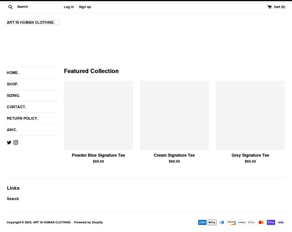 artinhumanclothine.store shopify website screenshot
