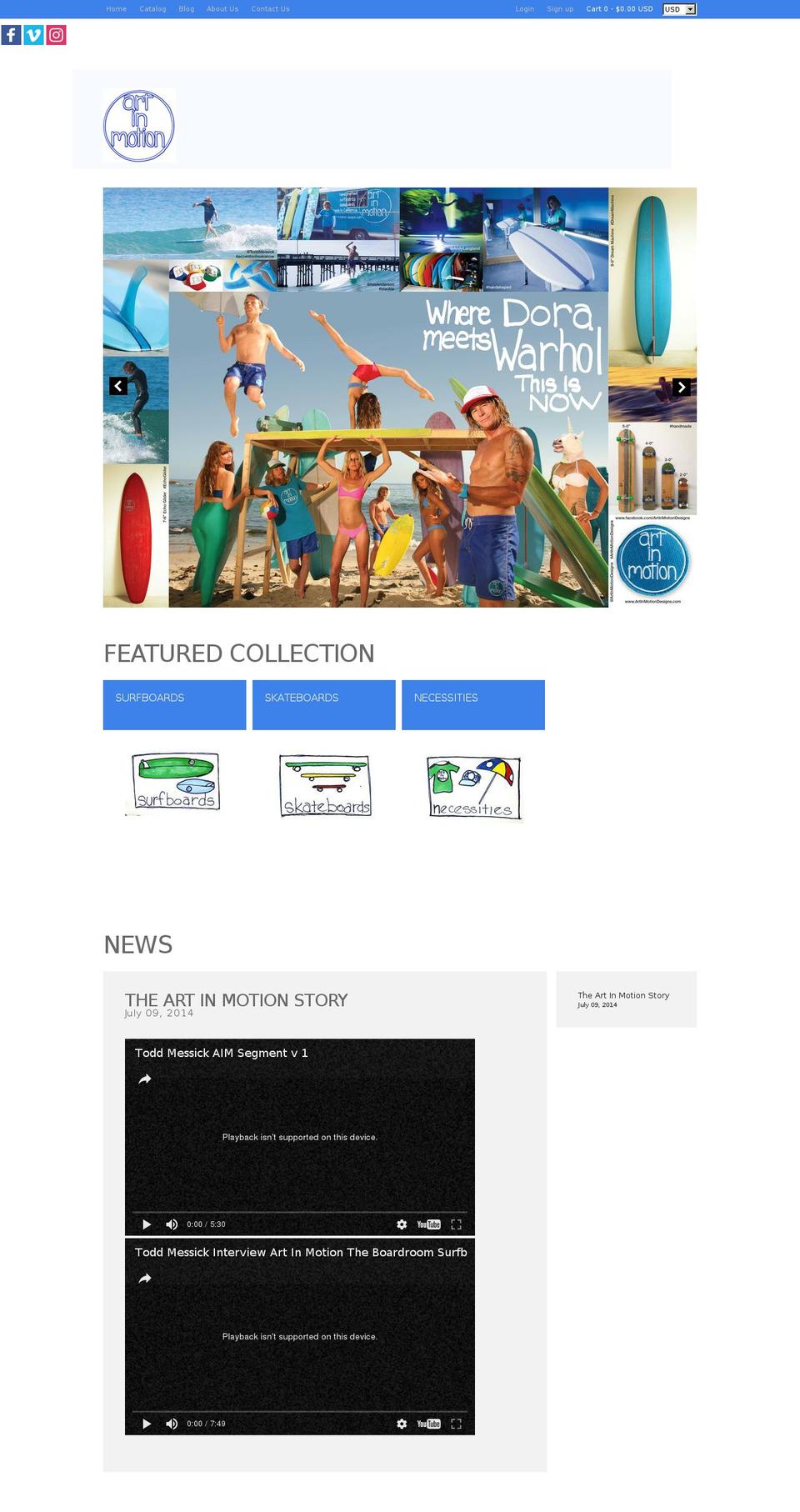 Stoked Shopify theme site example artinmotionsurfboards.com