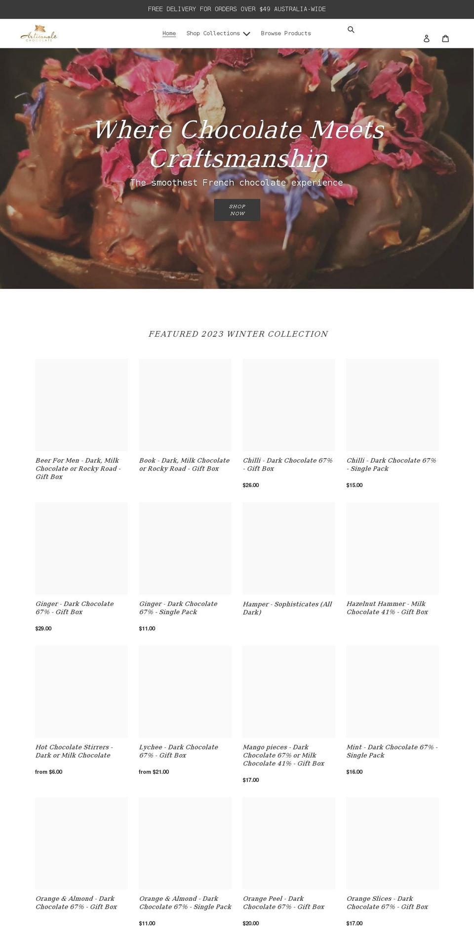 artisanalechocolate.com.au shopify website screenshot