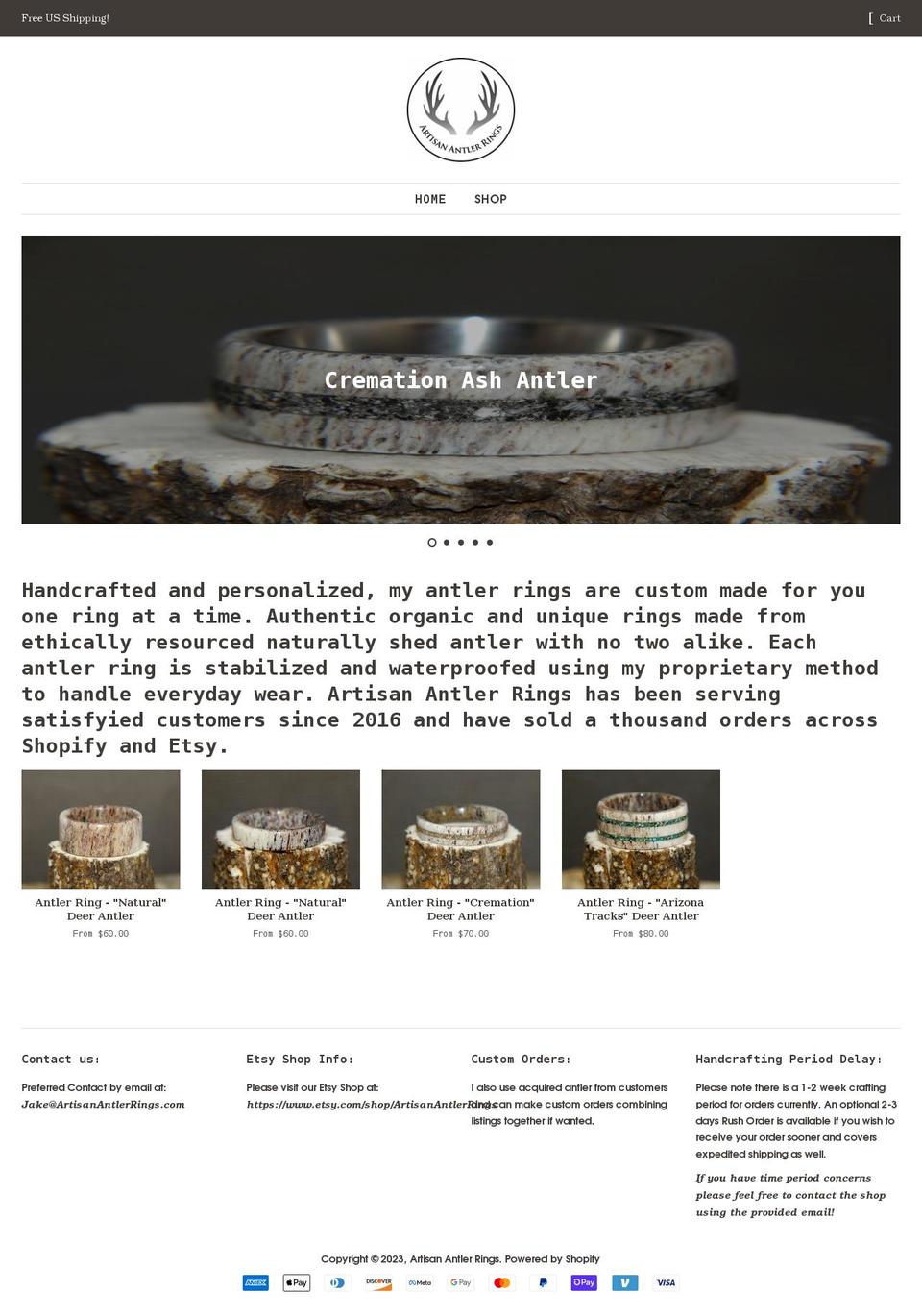 artisanantlerrings.com — Shopify storefront screenshot
