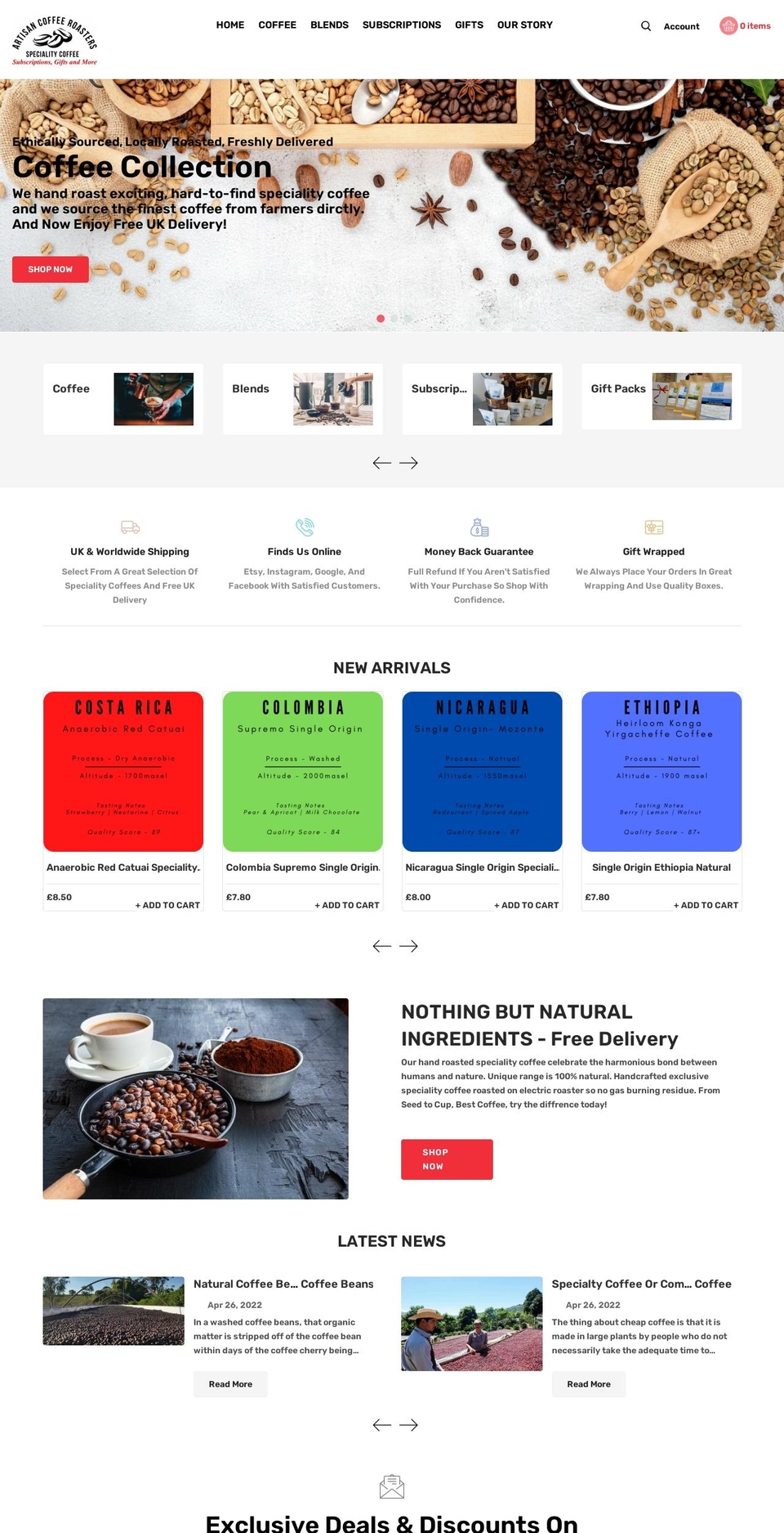 artisancoffeeroasters.co.uk shopify website screenshot