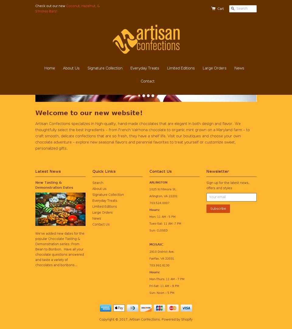 artisanconfections.com shopify website screenshot