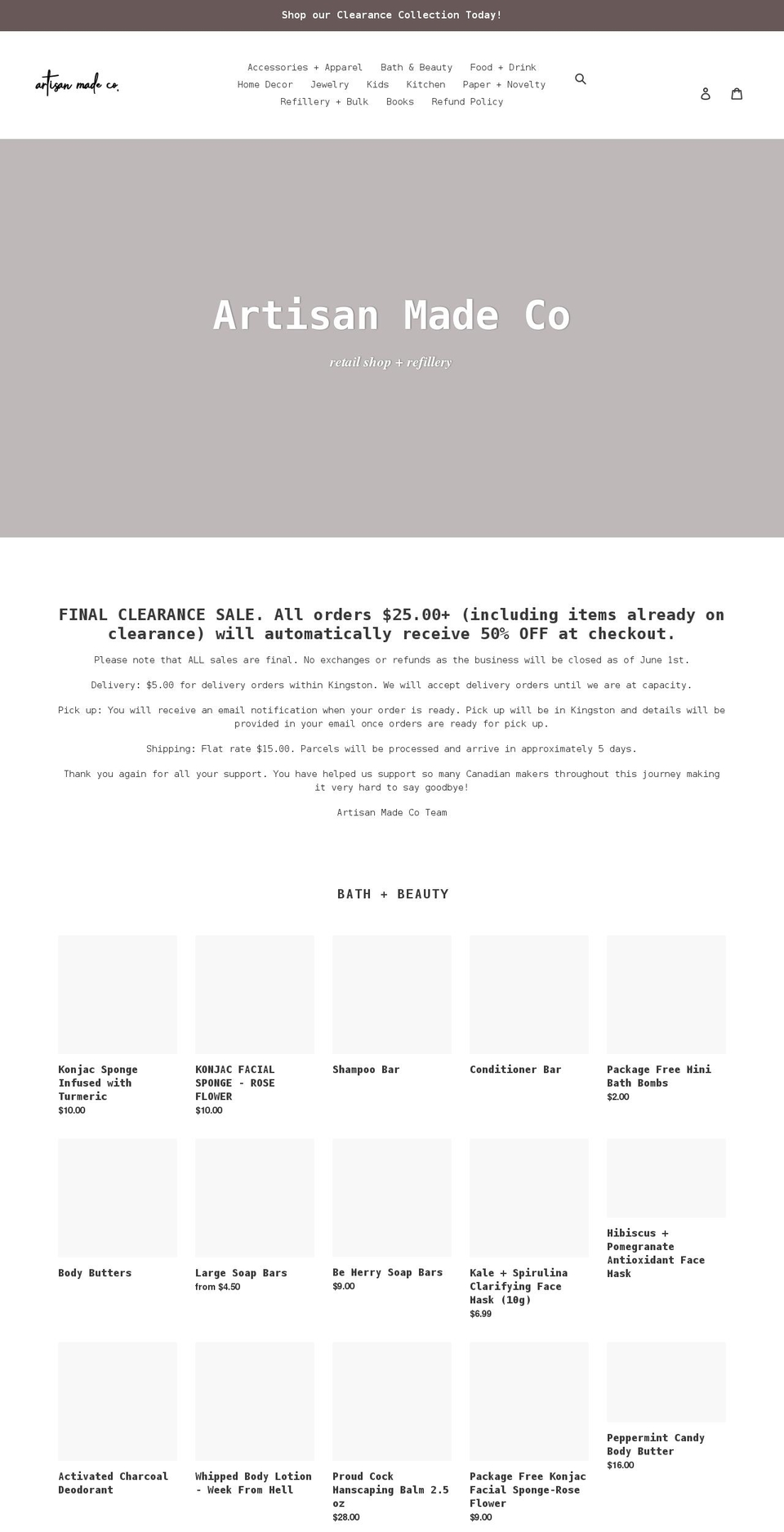 artisanmadeco.com shopify website screenshot