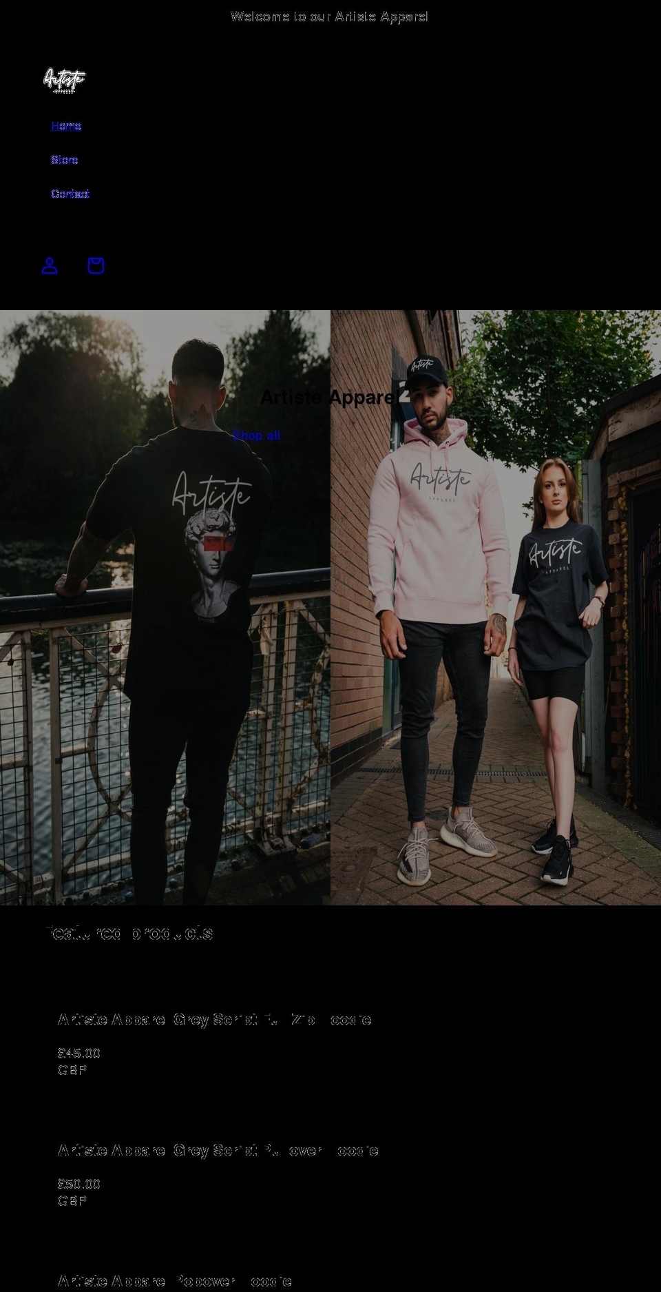 artisteapparel.co.uk shopify website screenshot