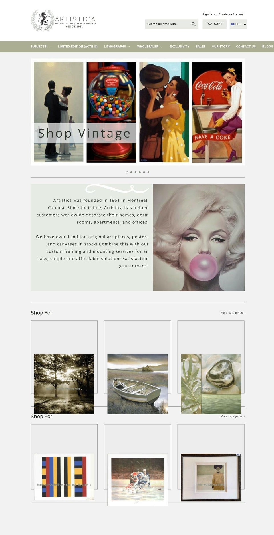 artisticafineart.com shopify website screenshot