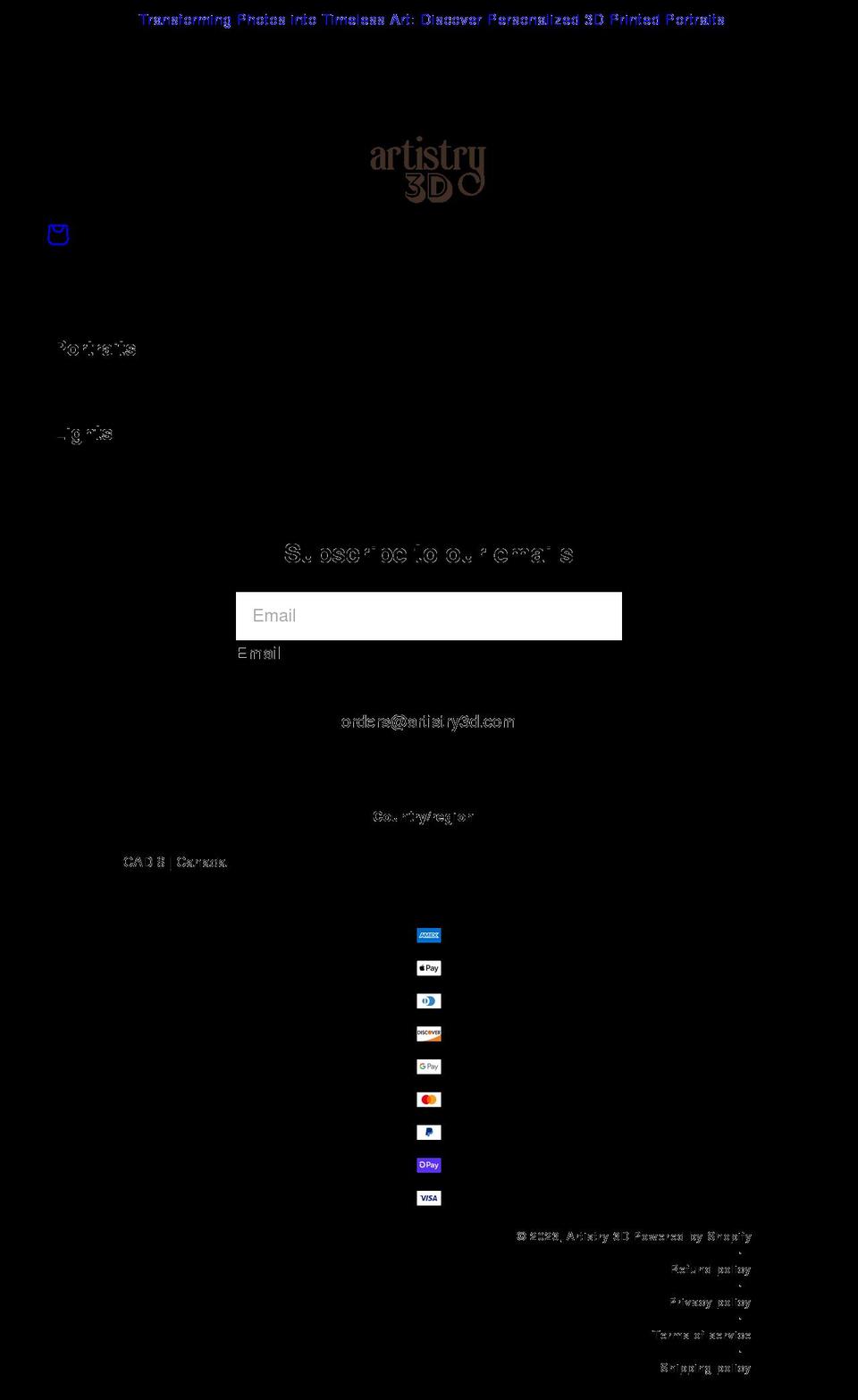 artistry3d.com shopify website screenshot