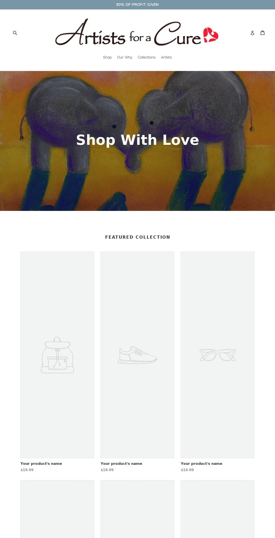 artistsforacure.com — Shopify storefront screenshot
