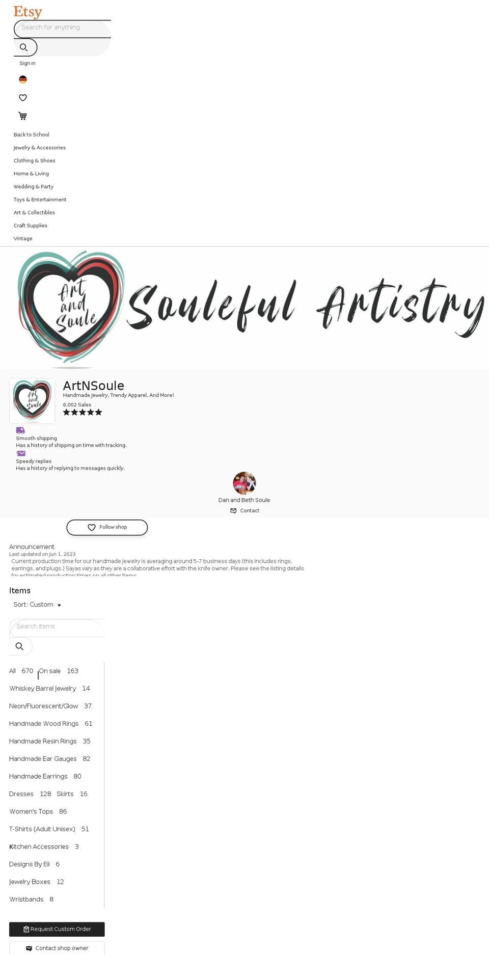 artnsoule.com — Shopify storefront screenshot