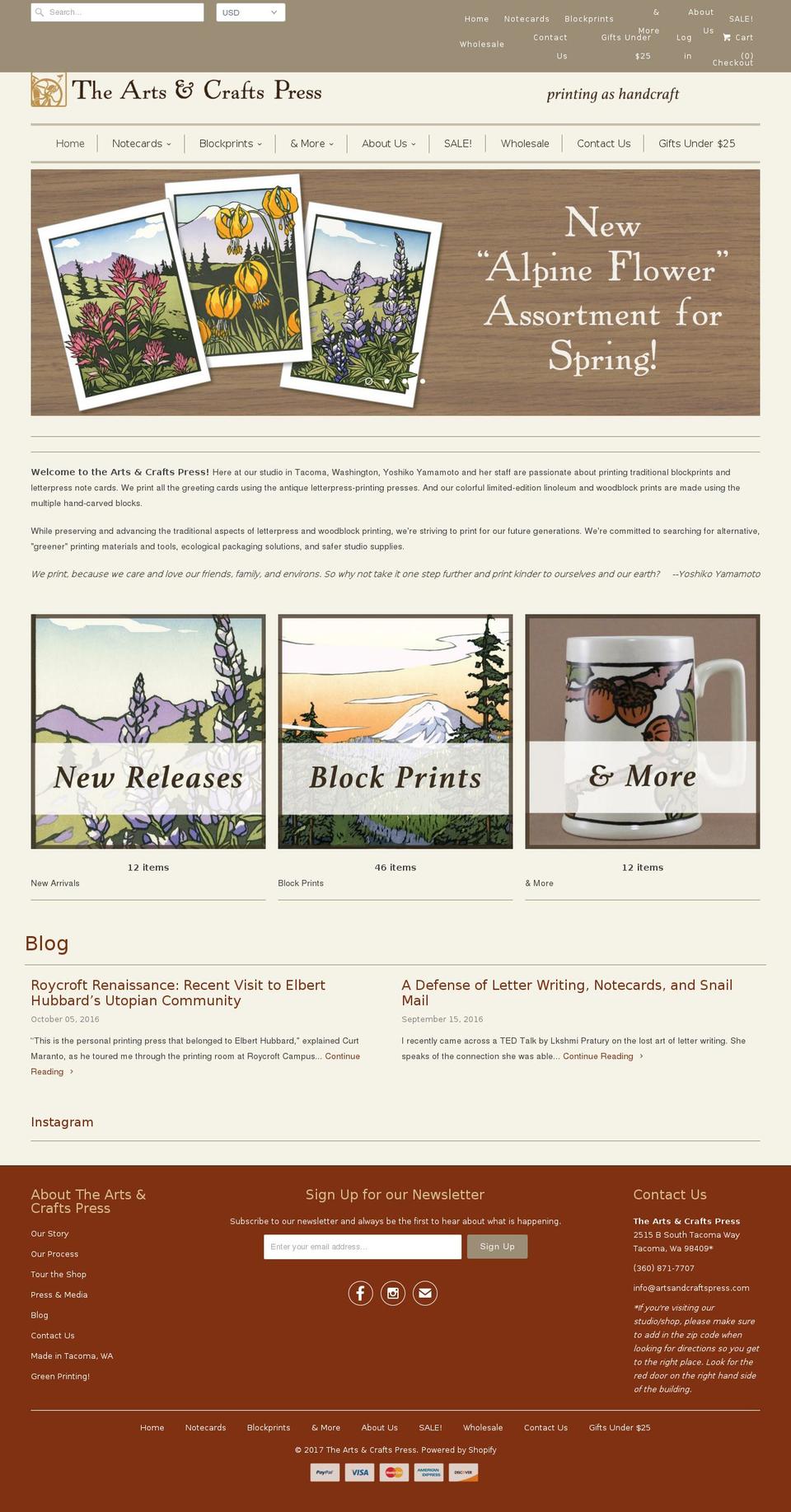 artsandcraftspress.com shopify website screenshot