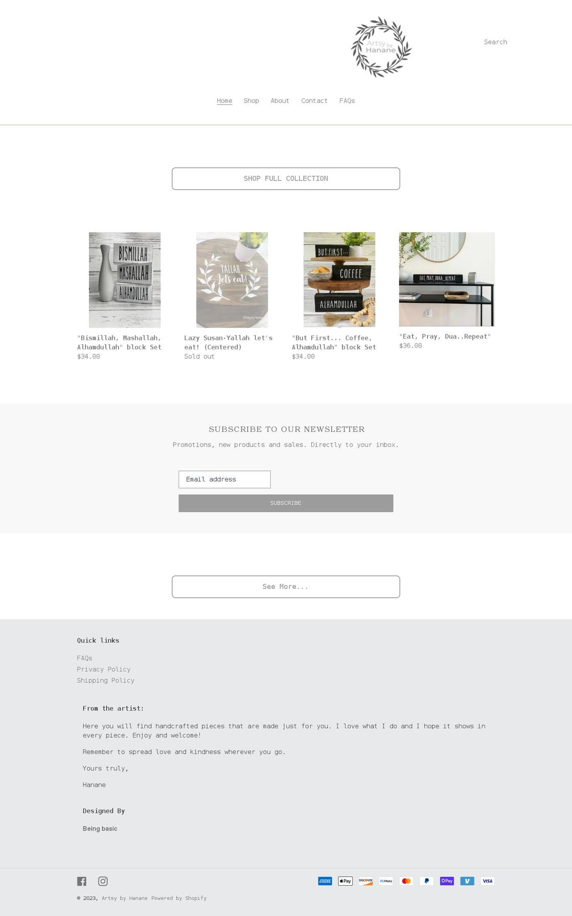artsybyhanane.com shopify website screenshot